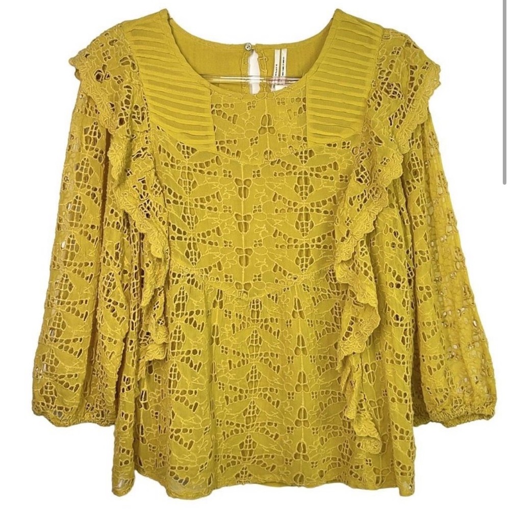 Anthropologie Maeve Yellow Clementine Eyelet Ruffle Long Sleeve Blouse 18W NWT
